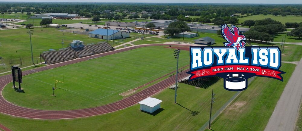 Aerial view of Falcon Stadium with the Royal ISD Bond 2026 logo displayed over the image.