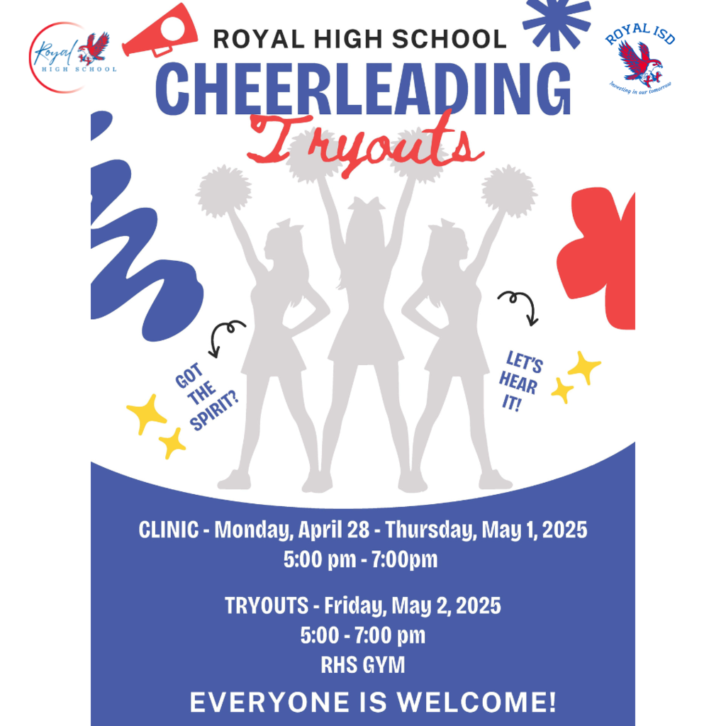 Give me an R! 🚀 Give me an O! 💪 Give me a Y! 🔥 A! 🎯 L! 🏆 Is your Falcon ready to cheer? 📢 Anyone interested in becoming a 25-26 Falcon cheerleader must have a parent or guardian attend the mandatory meeting on Thursday, April 3, at 6 PM at RHS. Flyer: 5il.co/3c9ff. See you there! #WeAreRoyal #FalconPride #GoFalcons #Squad