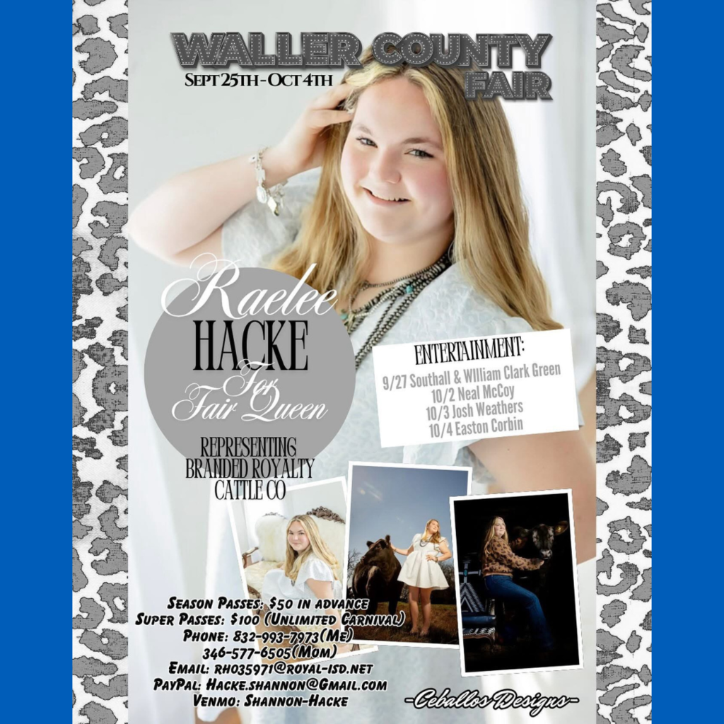 Congratulations to RHS junior Raelee Hacke, Waller County Fair Queen Candidate! 👑 She’s selling fair tickets & carnival passes and is seeking sponsors & donations. 📎 See the flyers for details—thanks for supporting our Falcons! 💙 #WeAreRoyal #InvestingInOurTomorrow #FalconPride