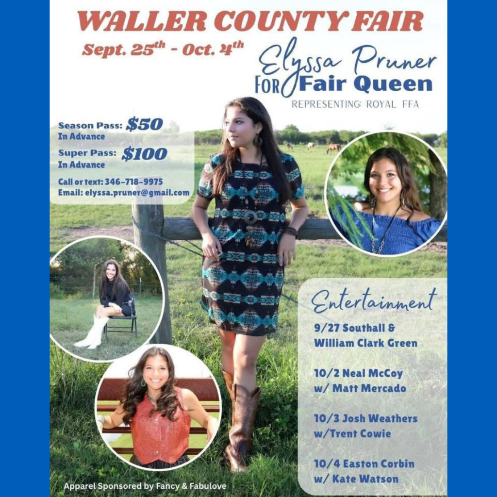 Royal ISD is proud to introduce our second Waller County Fair Queen candidate—Elyssa Pruner! 👑 She’s selling fair tickets & carnival passes and is seeking sponsors & donations. 📎 See the flyer for details—thank you for supporting Elyssa! #WeAreRoyal #InvestingInOurTomorrow