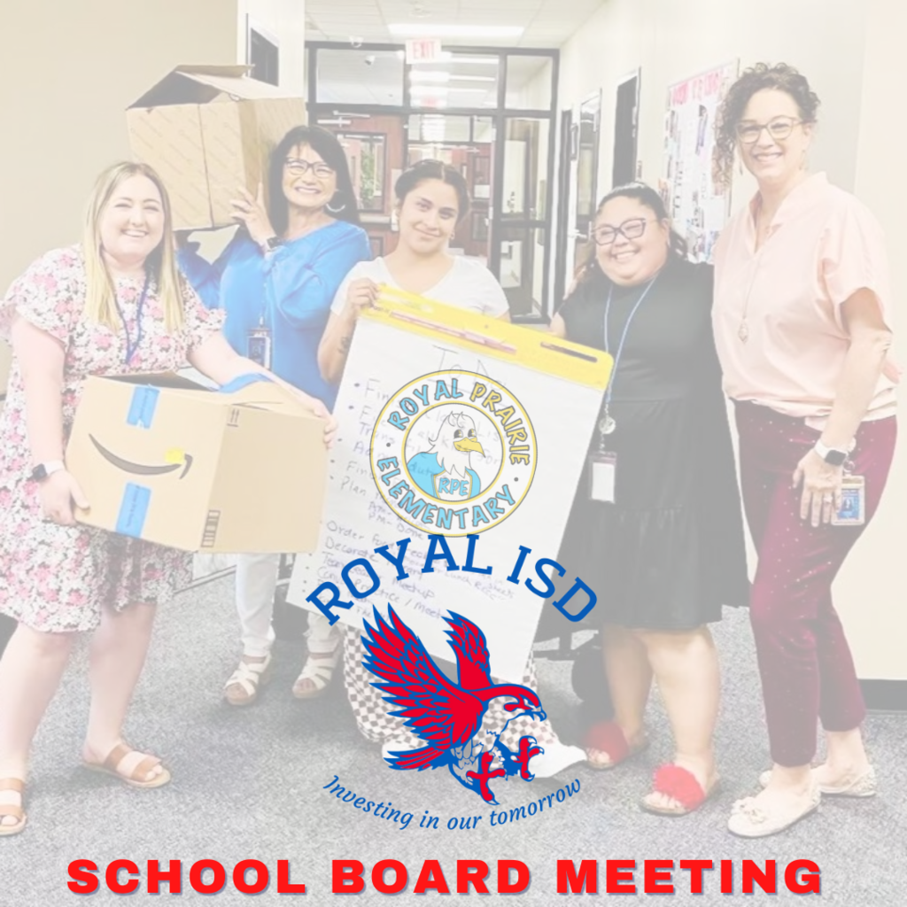 Get involved, make a difference! Regular board meeting, 8/11/2025, 6:30pm, agenda: 5il.co/3nj6x. Athletics booster club meeting AND Backpack Kickback events on Saturday, 8/9/2025. Athletics ice cream social and fundraiser, Sunday 8/10.  Full details at royal-isd.net. #WeAreRoyal 🦅