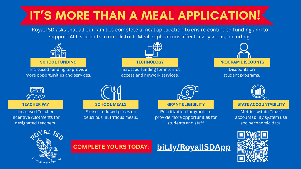 Help Support Student Success at Royal ISD 1️⃣ Complete the meal application to help RISD continue offering its extensive suite of student opportunities: bit.ly/RoyalISDApp 2️⃣ Submit your permission for your student(s) to receive health care services: t.ly/4n2ZS0v 3️⃣ Sign up for vision screening (Monday, September 8 - spots are limited): bit.ly/Vision2025RISD #WeAreRoyal #FalconPride #InvestingInOurTomorrow