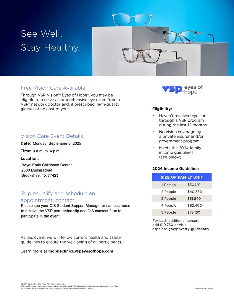 Help Support Student Success at Royal ISD 1️⃣ Complete the meal application to help RISD continue offering its extensive suite of student opportunities: bit.ly/RoyalISDApp 2️⃣ Submit your permission for your student(s) to receive health care services: t.ly/4n2ZS0v 3️⃣ Sign up for vision screening (Monday, September 8 - spots are limited): bit.ly/Vision2025RISD #WeAreRoyal #FalconPride #InvestingInOurTomorrow