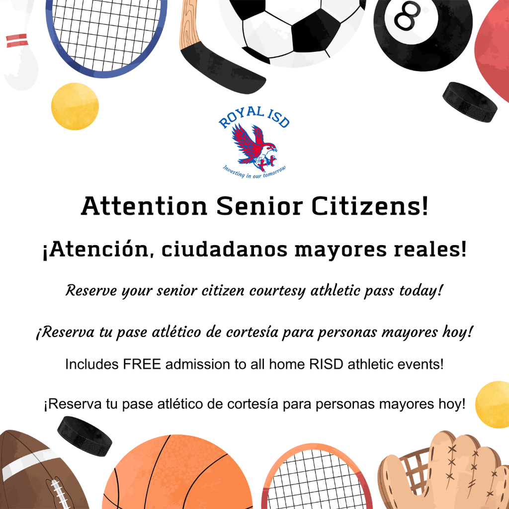 πβ€οΈ Royal ISD celebrates our senior community! β€οΈπ If youβre 65 or older, you can receive a Senior Citizen Courtesy Passβyour ticket to FREE admission at all Royal ISD athletic events. π Contact the Athletics Office at 281-934-6904 to reserve your pass. #InvestingInOurTomorrow #WeAreRoyal