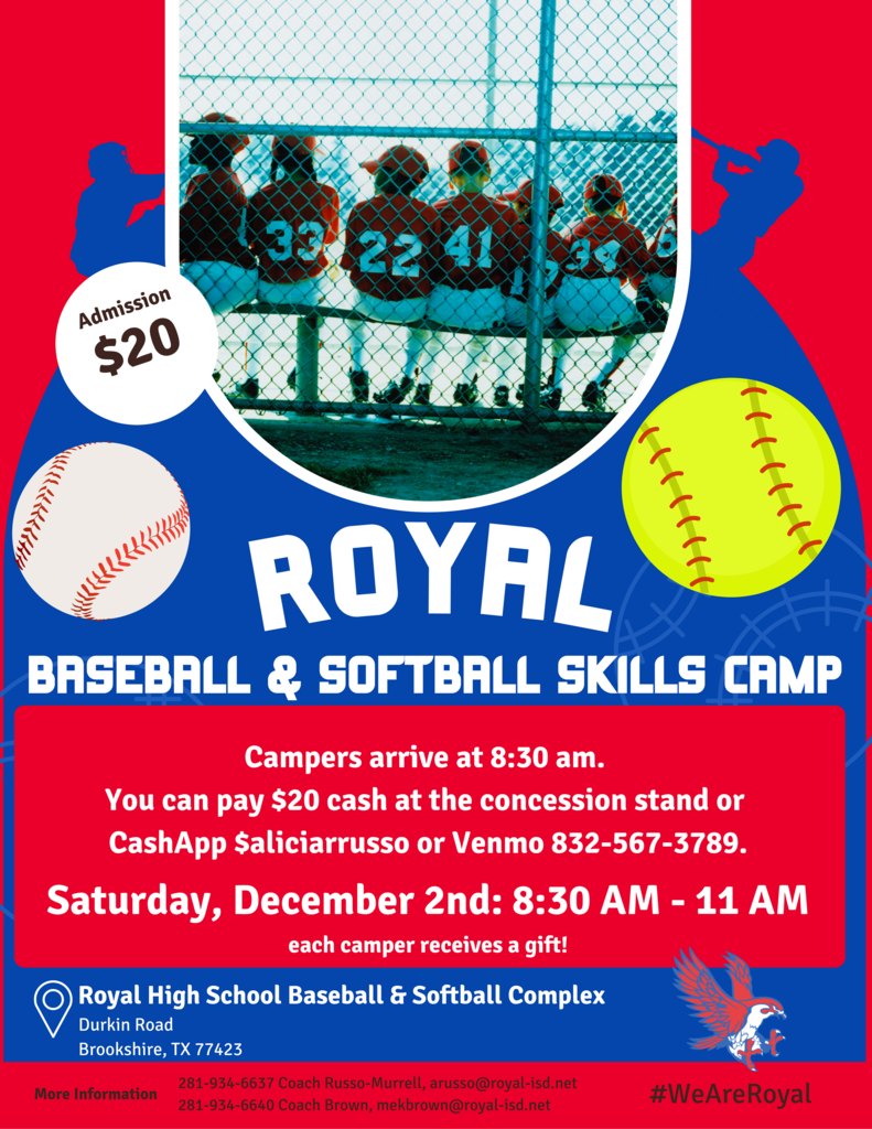 Reminder! The softball/Baseball skills camp is on Saturday, December 2 from 8:30am-11am at Royal High School! See flyer for complete details!