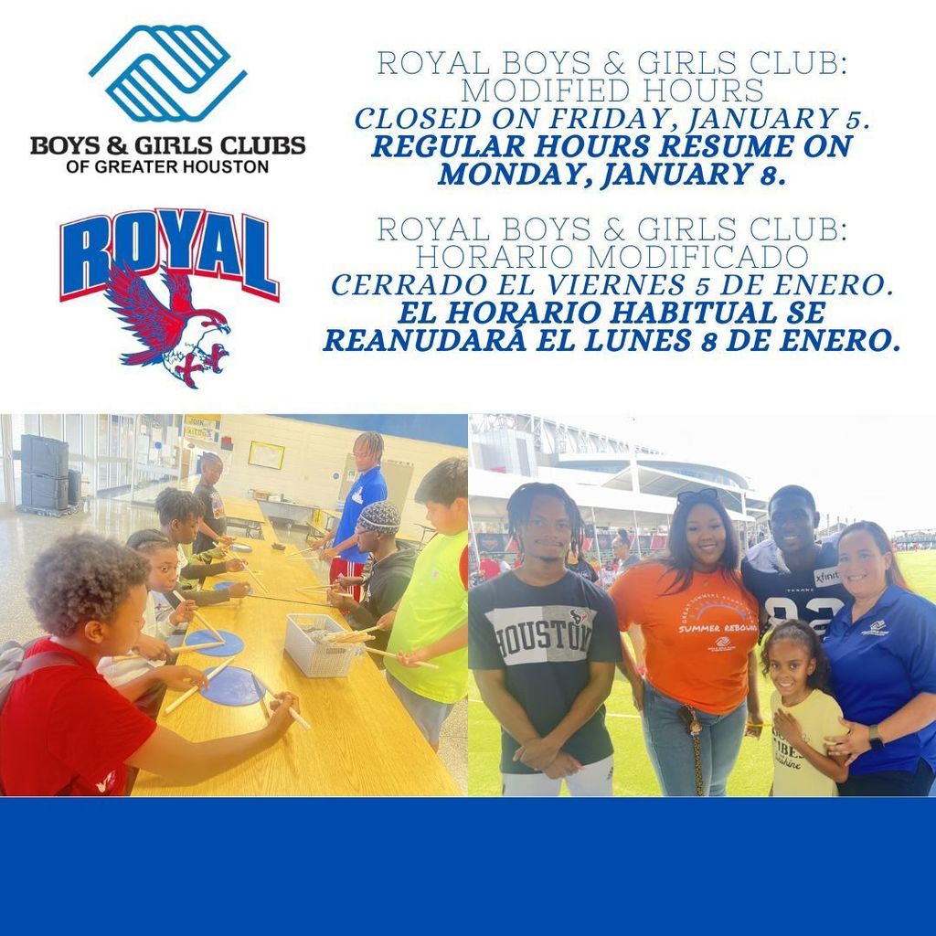 Good morning! Royal Boys & Girls Club will be closed on Friday, January 5. Regular hours will resume on Monday, January 8. Have a great day!