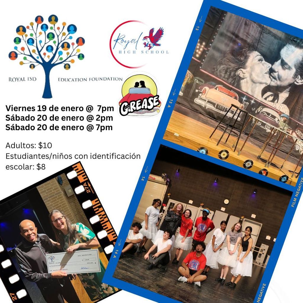 Did you know that the RHS theatrical production of Grease was generously supported by a $2500 grant from the Royal Education Foundation (REF)? Two days, three performances: Friday 1/19 at 7pm, Saturday 1/20 at 2pm or 7pm. Thank you for your support of the Royal Fine Arts Program!