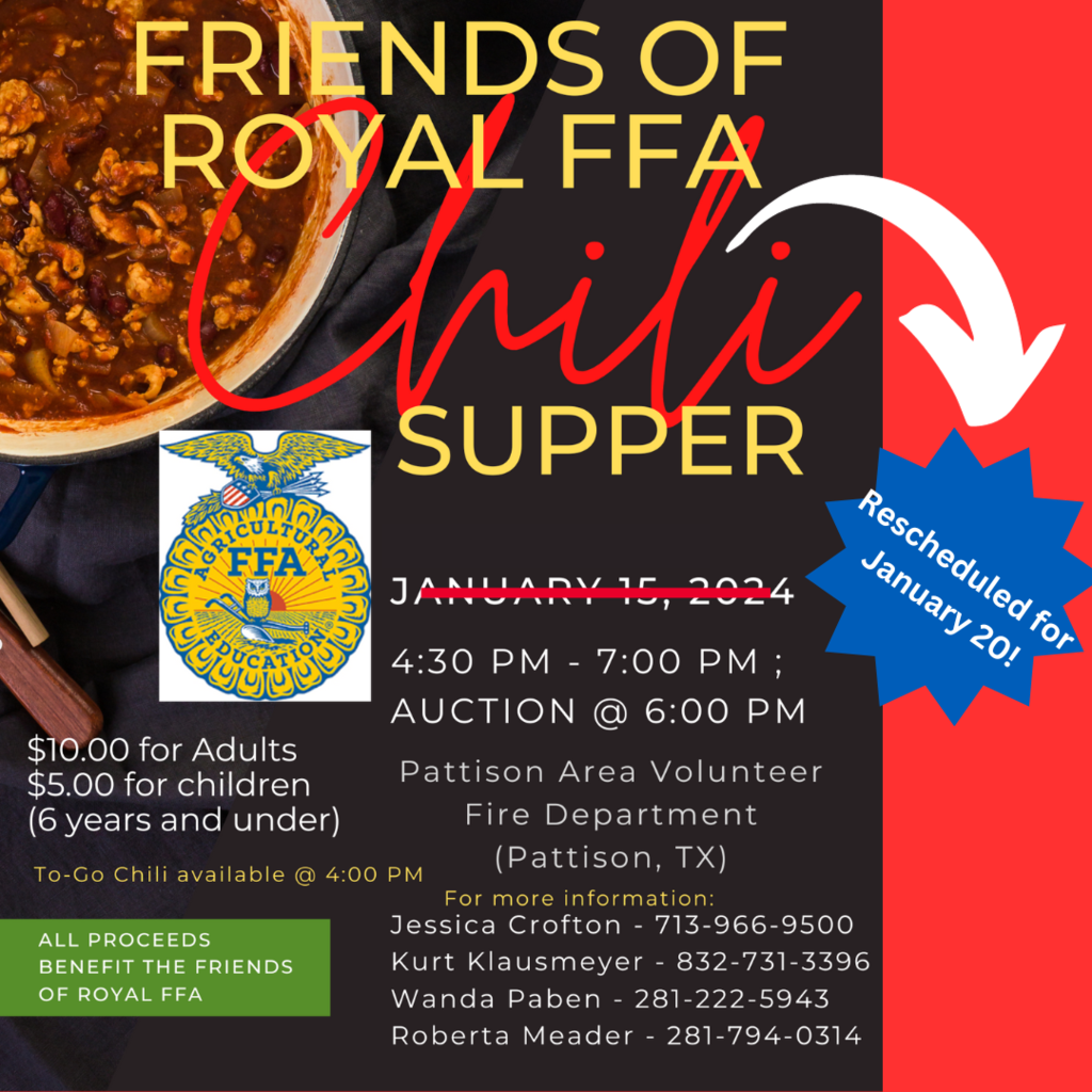 Warm up with some chili and support Friends of Royal FFA! Head to the Pattison Area Volunteer Fire Department from 4:30-7pm for chili, an auction, and community fun (to-go plates available @4pm, auction @6pm). Thank you for your support of ag education! #WeAreRoyal