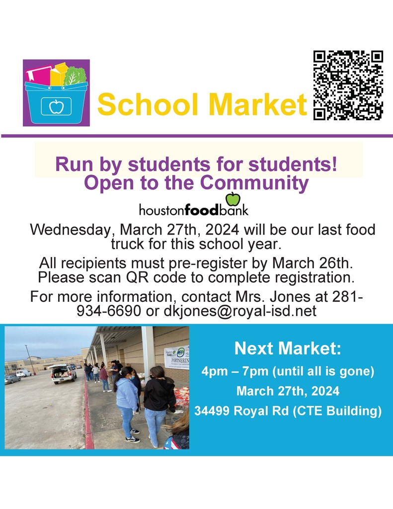 Reminder! Please join us on Wednesday, March 27 from 4-7pm for the Houston Food Bank (at the Royal CTE Building). Visit https://bit.ly/3IUjWjC to pre-register by March 26 (required to receive a food distribution). We will also be distributing school supplies! #WeAreRoyal