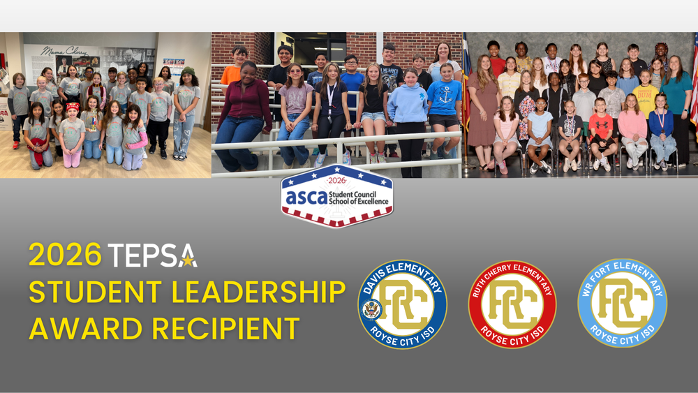 Graphic with the 2026 TESPA Award logo, the ASCA award logo, and the student councils from Davis, Cherry, and Fort Elementary Schools.