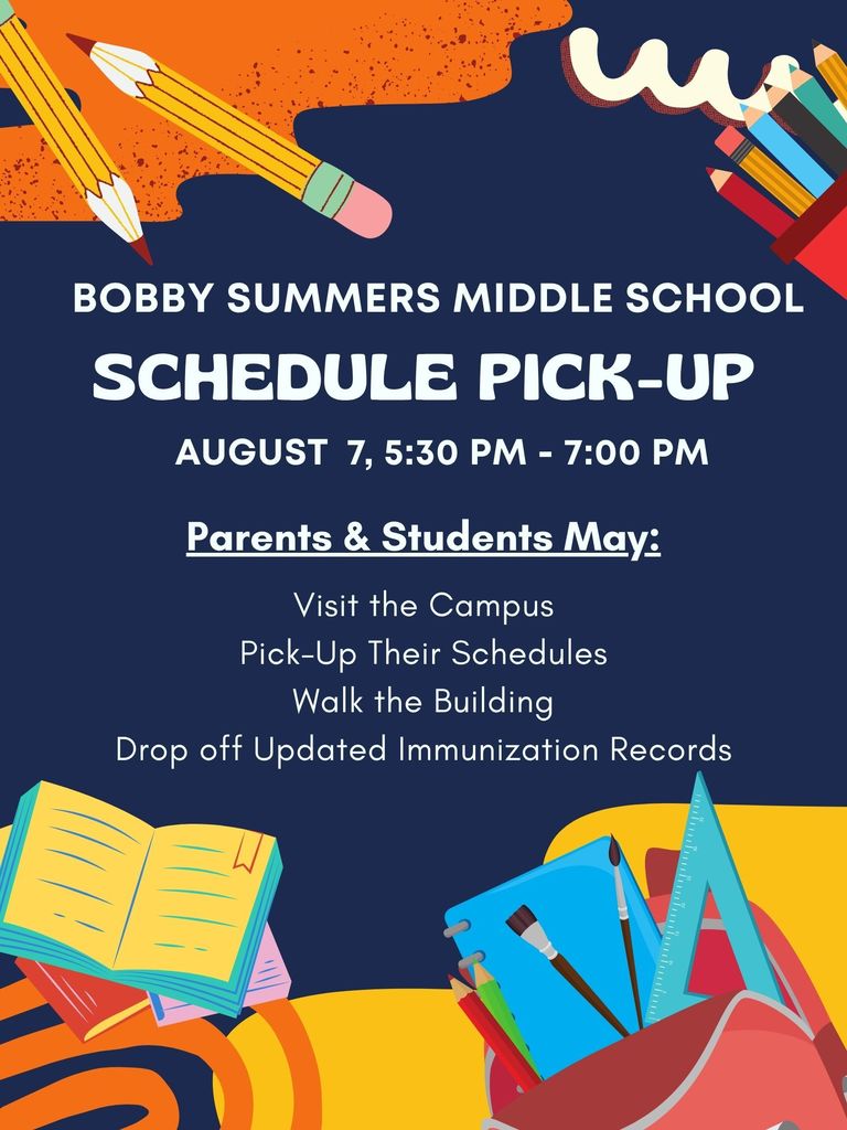 Come and pick up your students' schedule on 8/7 from 5:30 - 7:00!!