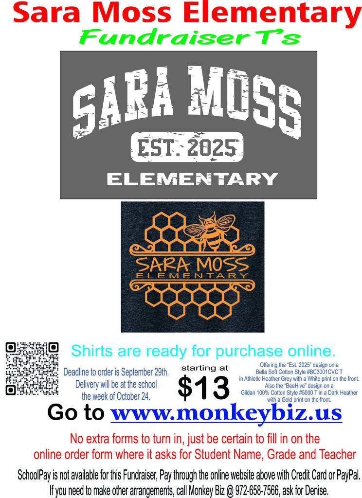 Moss Elementary T shirt order form with two different designs to choose from.