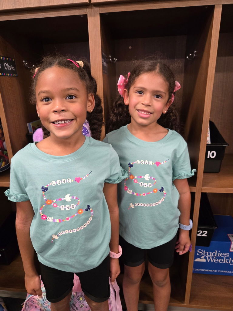 Pictures of staff and students dressed as twins