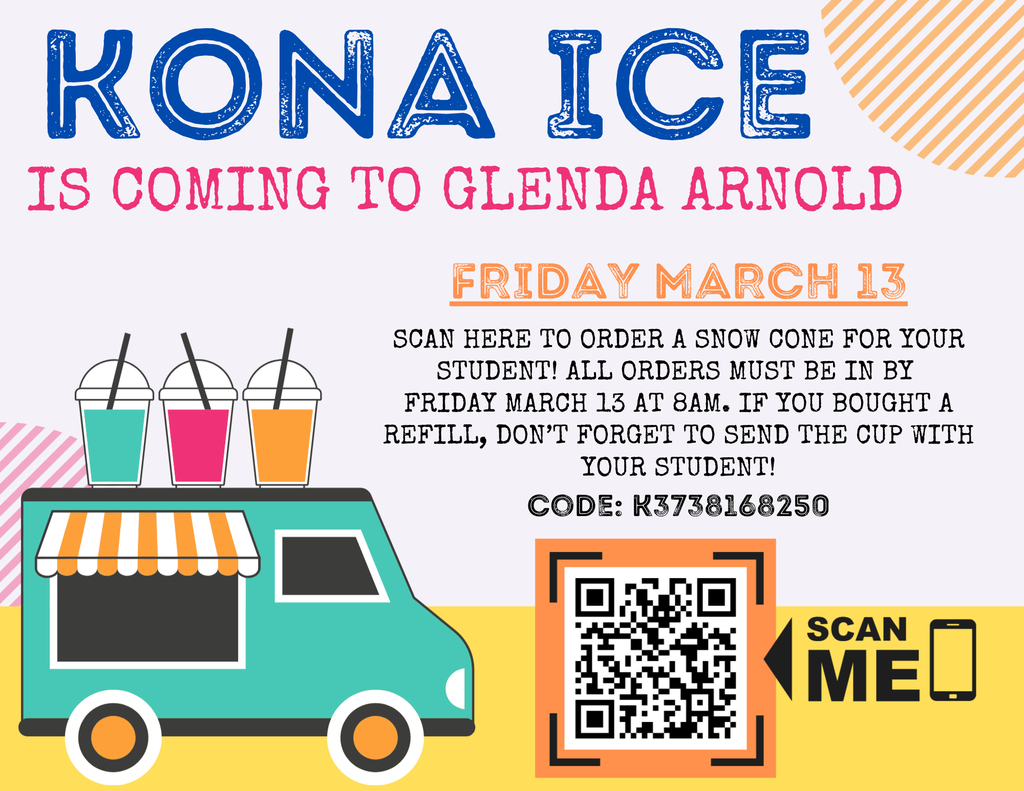 Kona Ice will be at Glenda Arnold on March 13