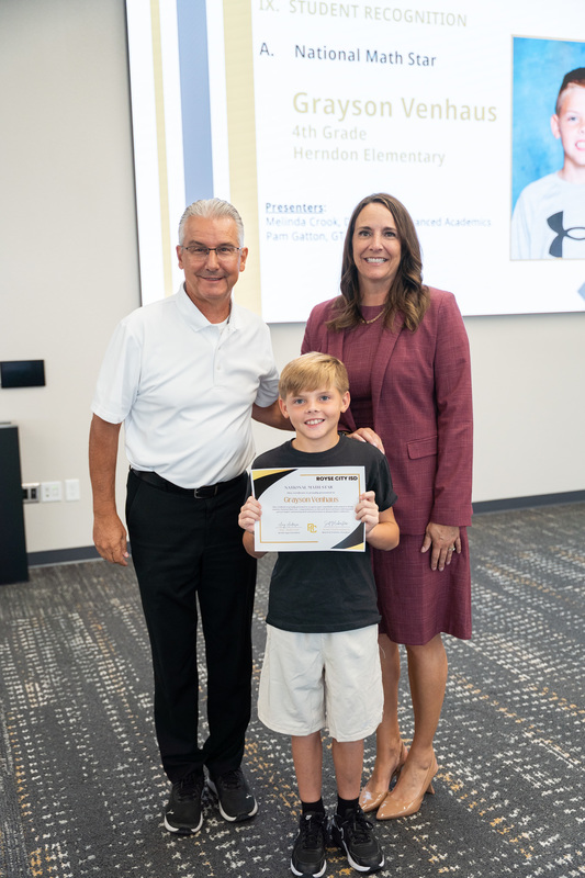 RCISD School Board President Scott Muckensturm, Superintendent Dr. Amy Anderson, Grayson Venhaus