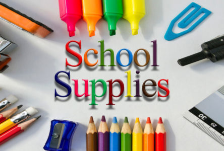 School Supplies spelled in multiple colors surrounded by highlighters, paper clips, a ruler, colored pencils etc.