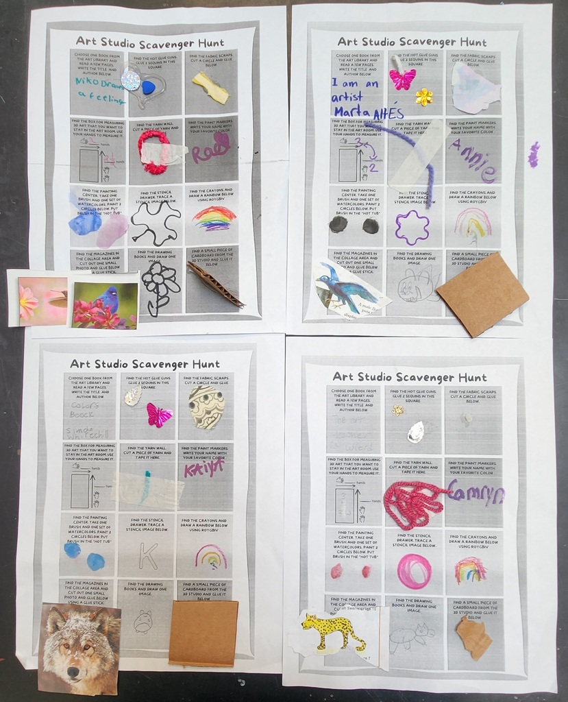 four art scavenger hunt sheets with items students found to complete clues