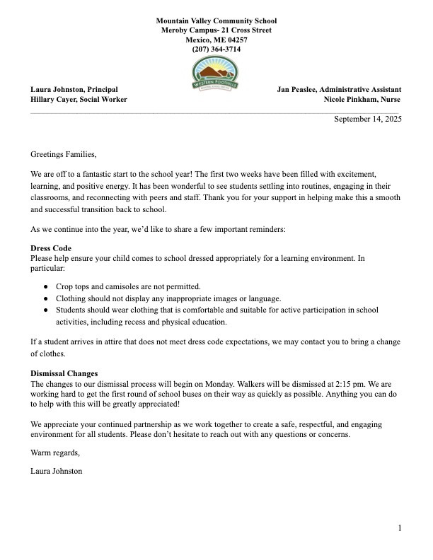 9/14 Letter to Families