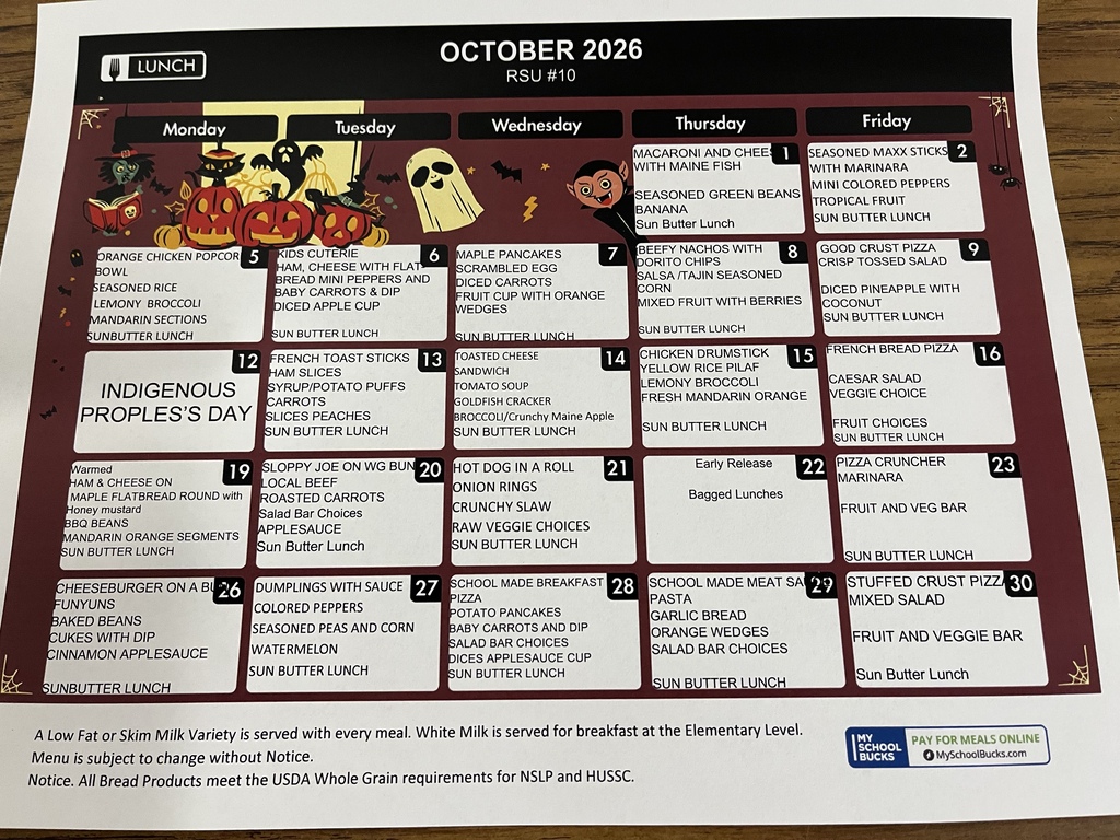 oct lunch menu