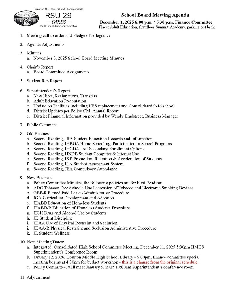 Monday, December 1, 2025 School Board Agenda
