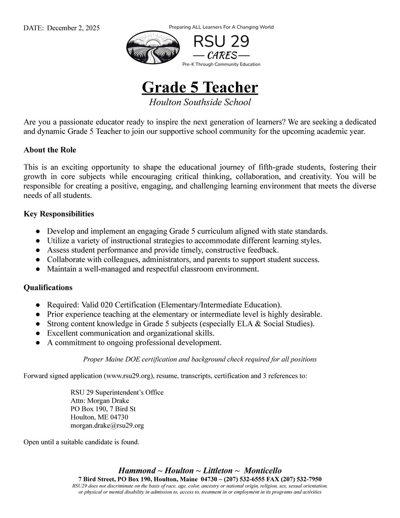 Grade 5 Teacher opening
