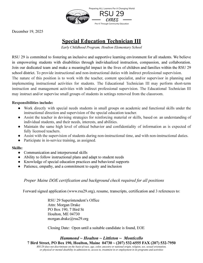 Position available in the Early Childhood Program at Houlton Elementary School