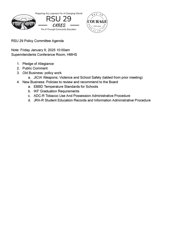 RSU 29 Policy Committee Agenda for Friday, January 9, 2026