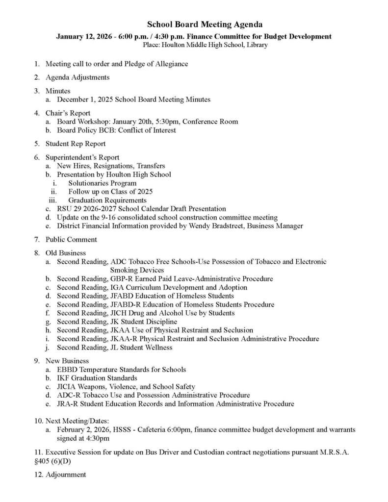 Monday, January 12, 2026 School Board Meeting Agenda