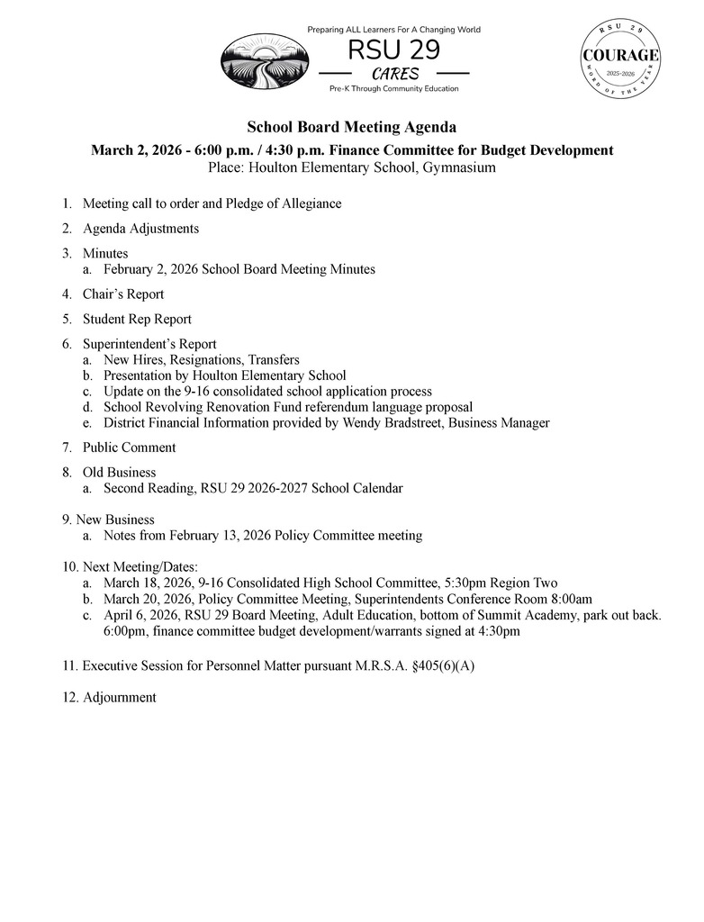 Monday, March 2, 2026 School Board Agenda