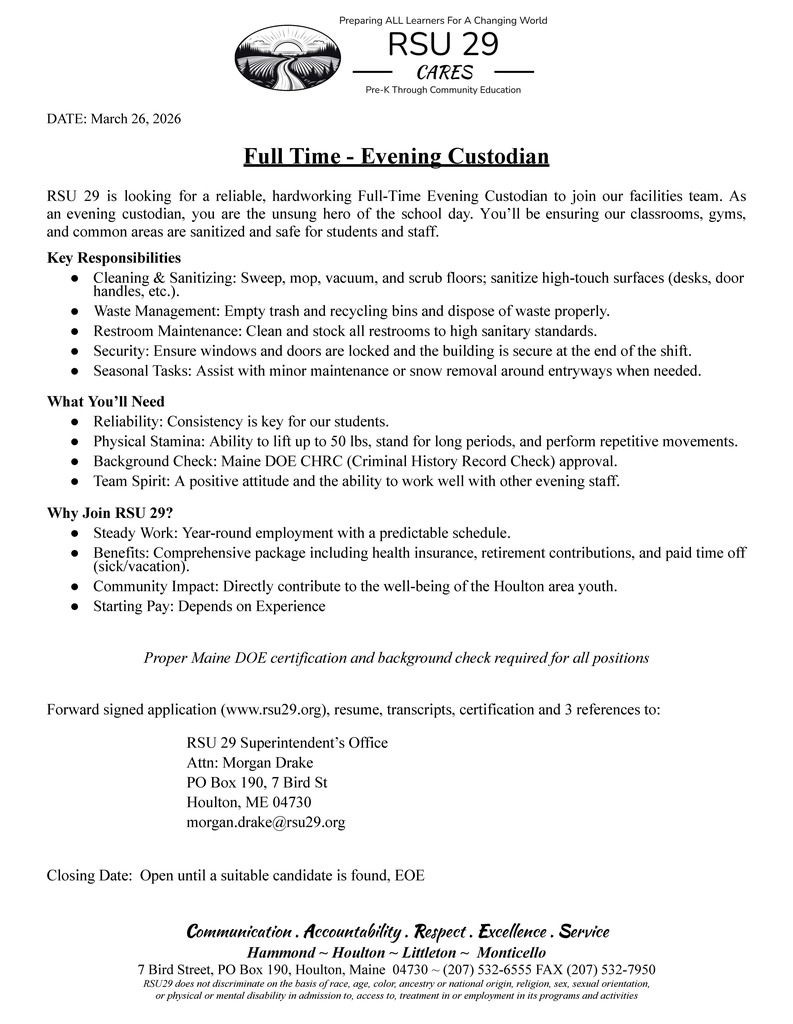 Full Time - Evening Custodian