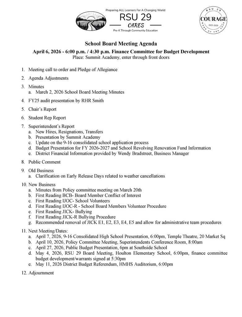 Monday, April 6, 2026 School Board Meeting