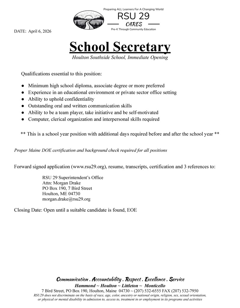 School Secretary position at Houlton Southside School