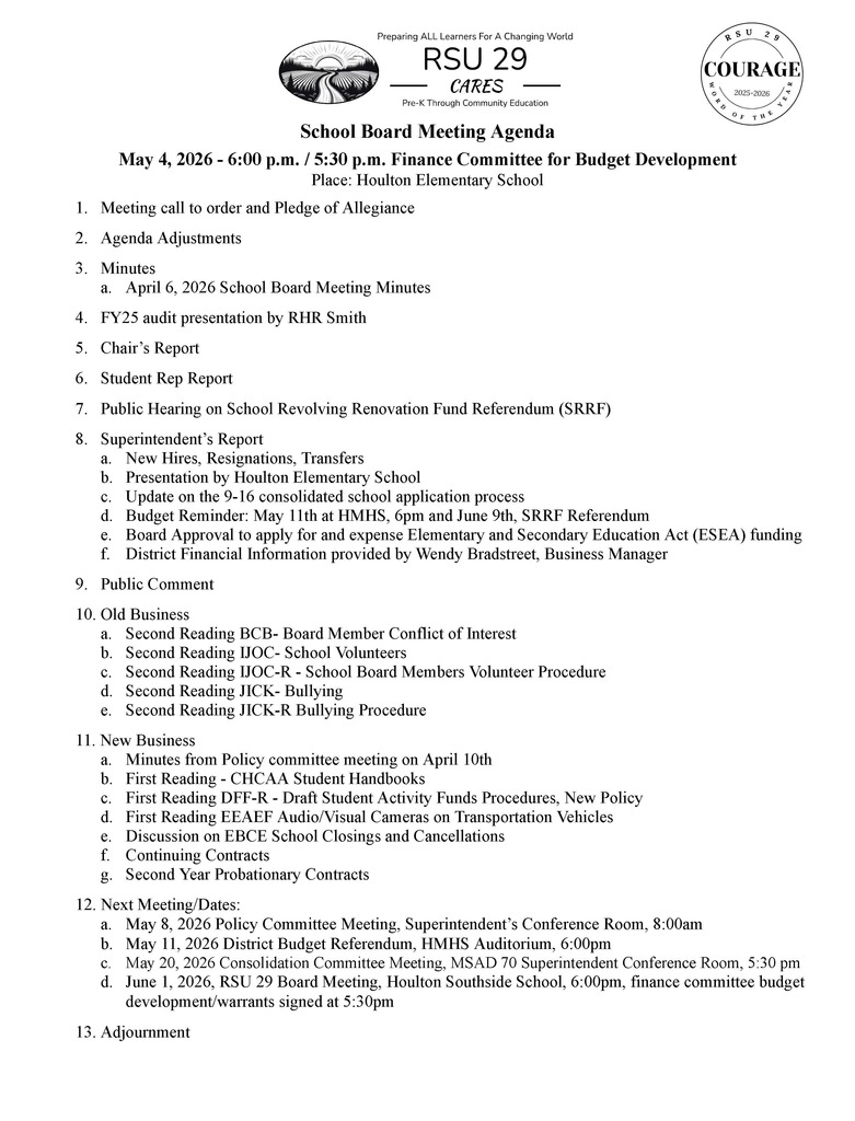 School Board Meeting Agenda - May 4, 2026