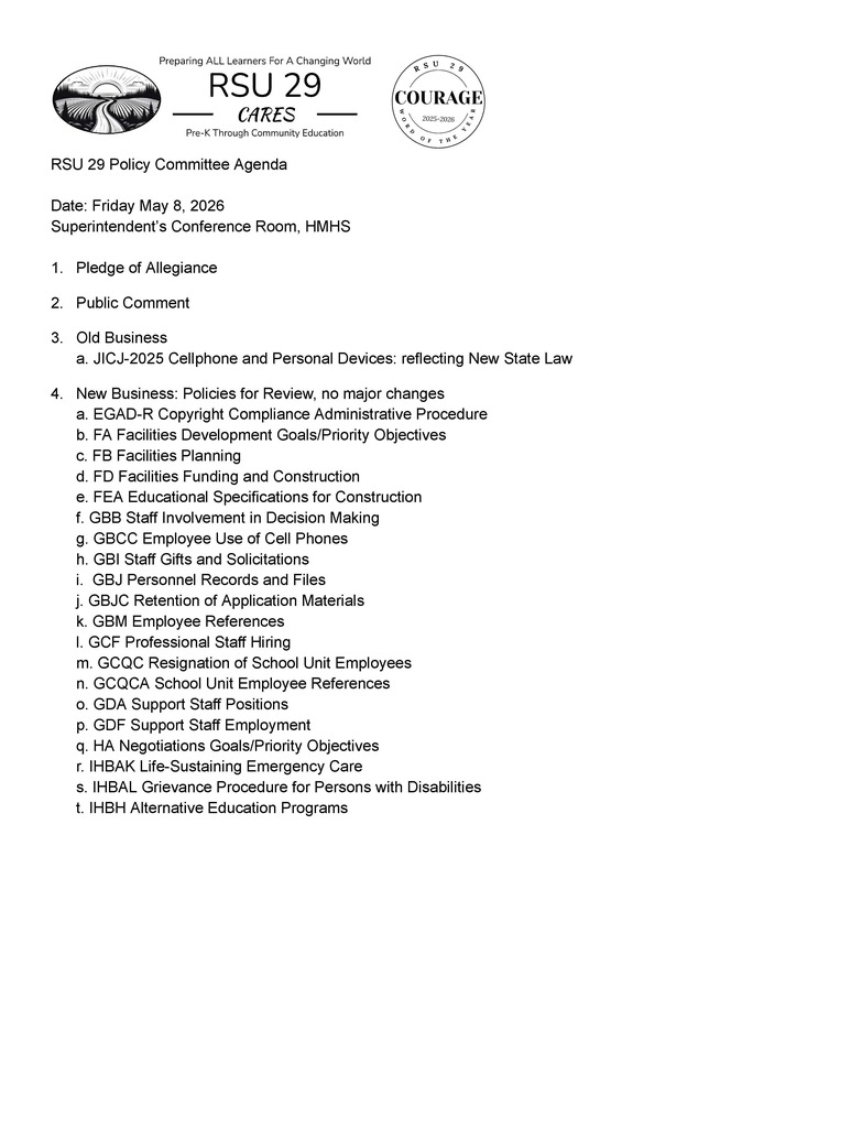 Policy Committee Agenda for Friday, May 8th.