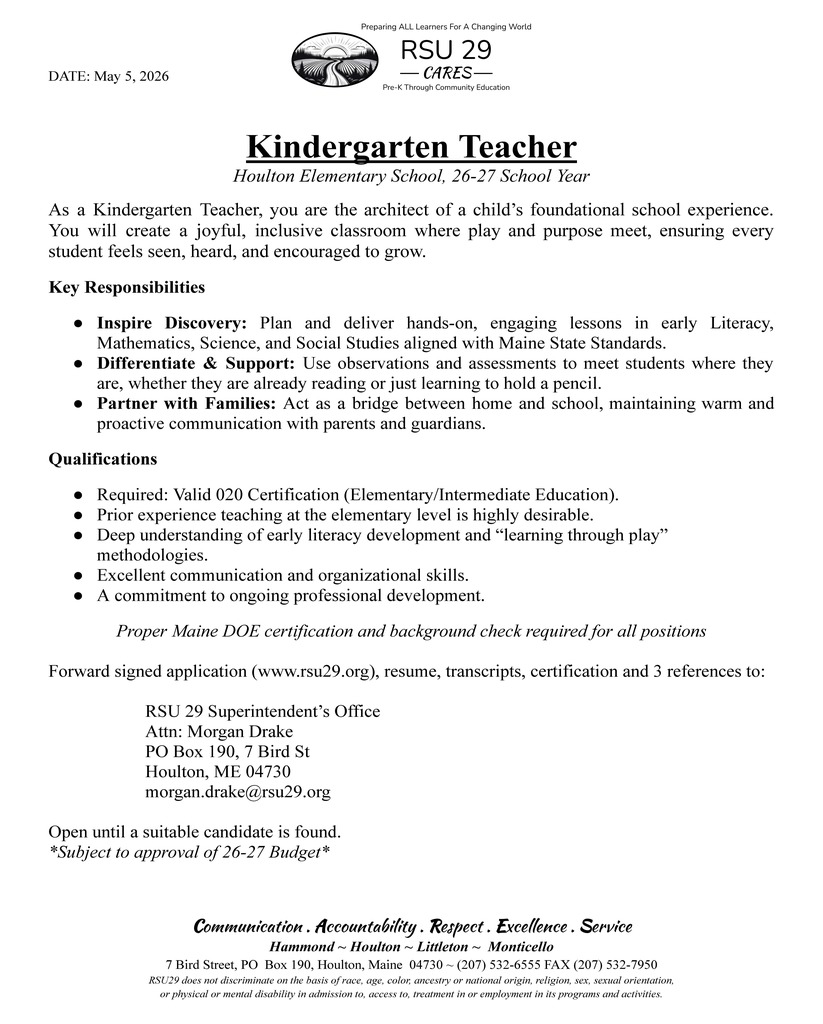 Kindergarten Teacher Position, 26-27 School Year