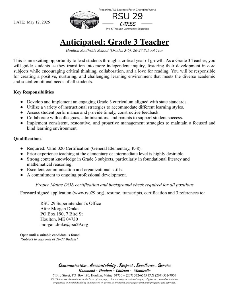 Anticipated: Grade 3 Teacher Position