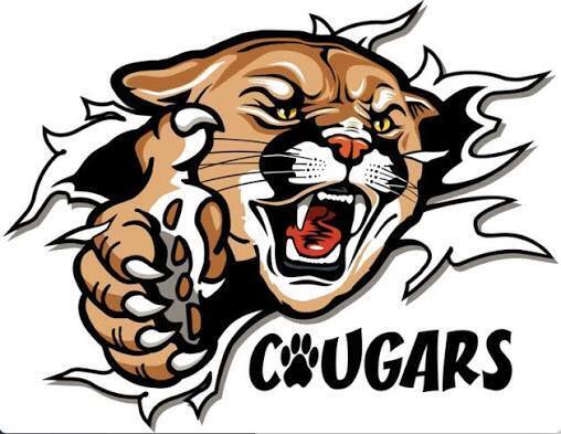 Cougar ripping through the background with cougars below with a paw print for an O in Cougars.