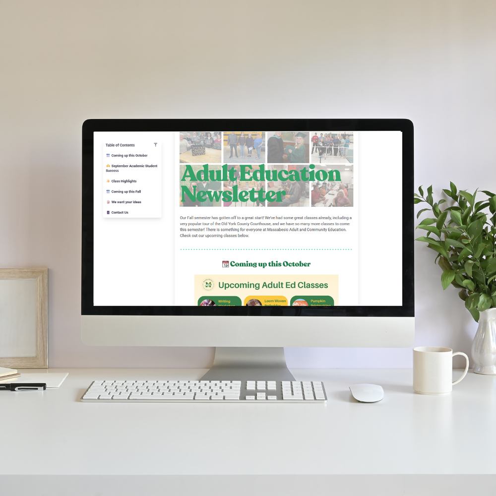 Computer screen showing adult ed newsletter