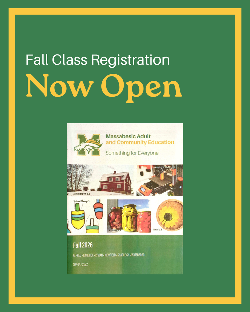 Text "fall class registration now open" with an image of the fall 2026 brochure.