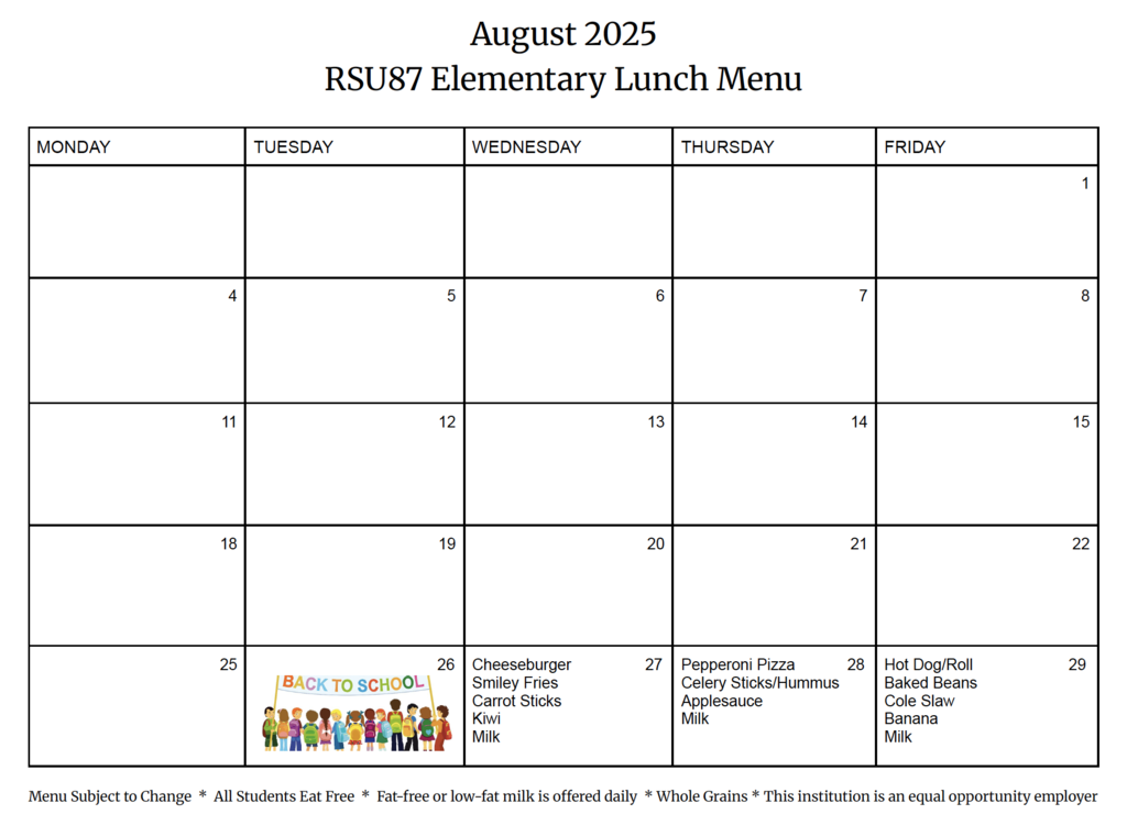 August 2025 Lunch menu