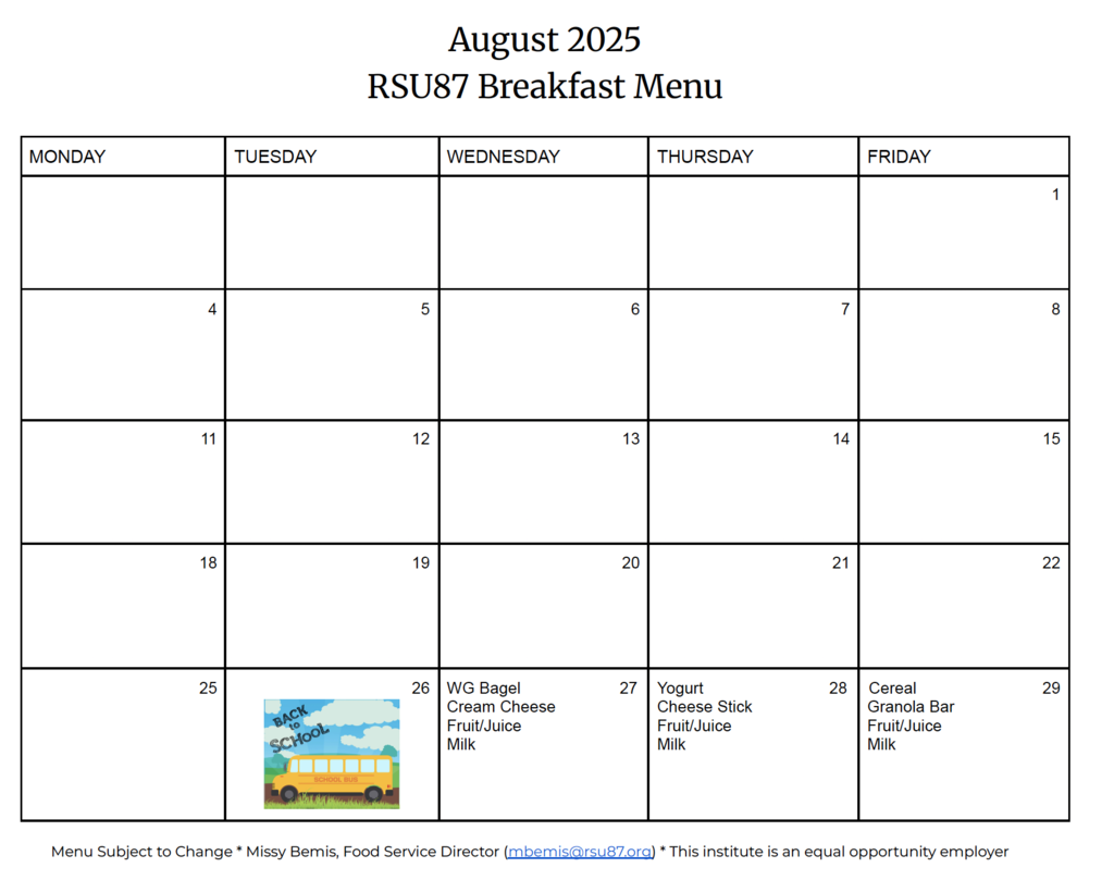August 2025 Breakfast menu