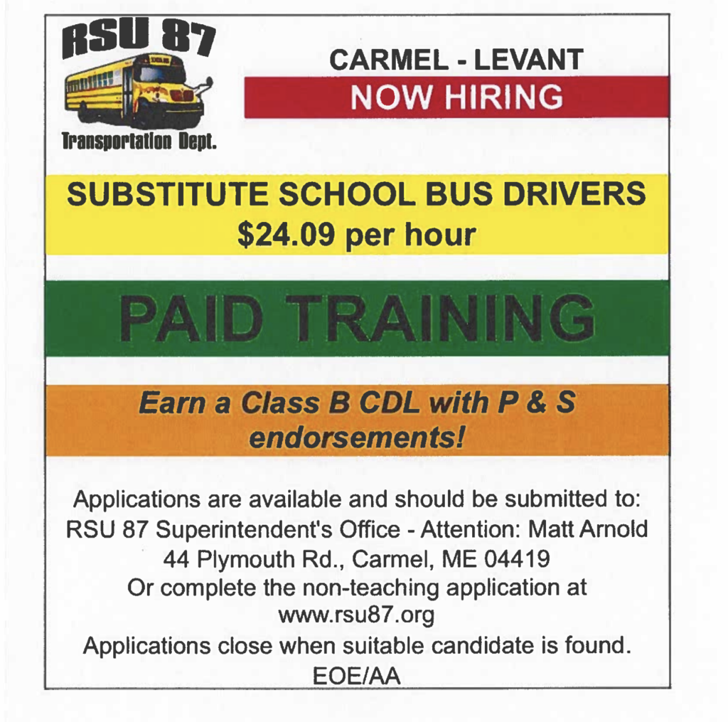 RSU 87 is hiring substitute bus drivers!