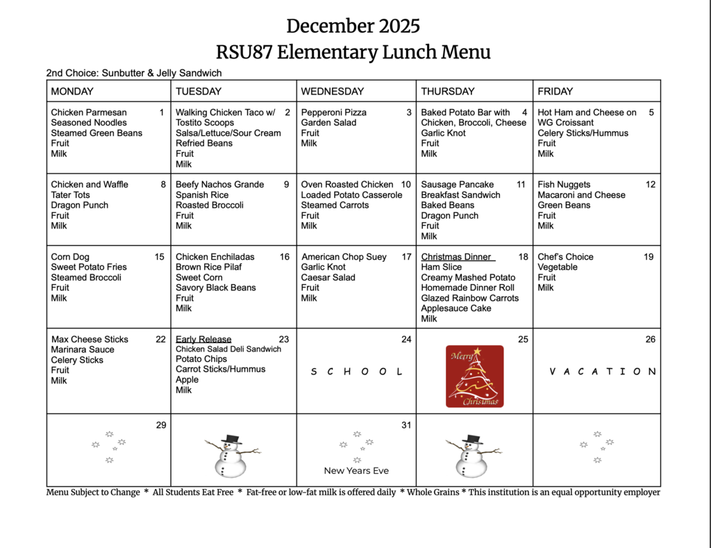 December  lunch menu