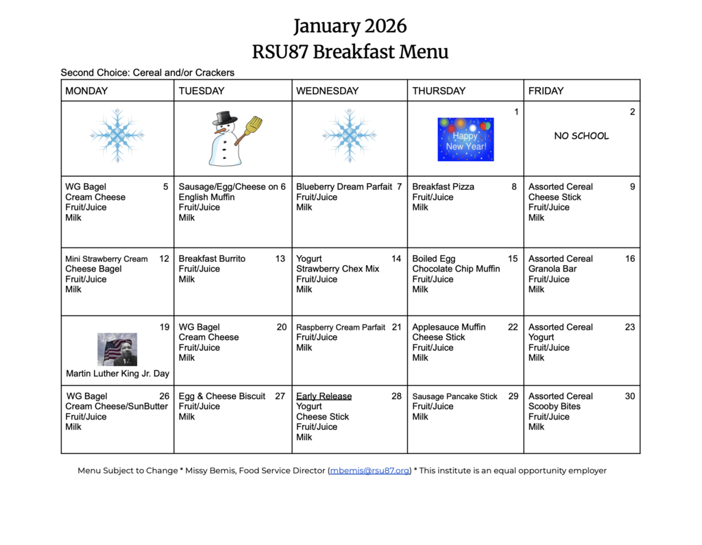 Breakfast menu January 2026