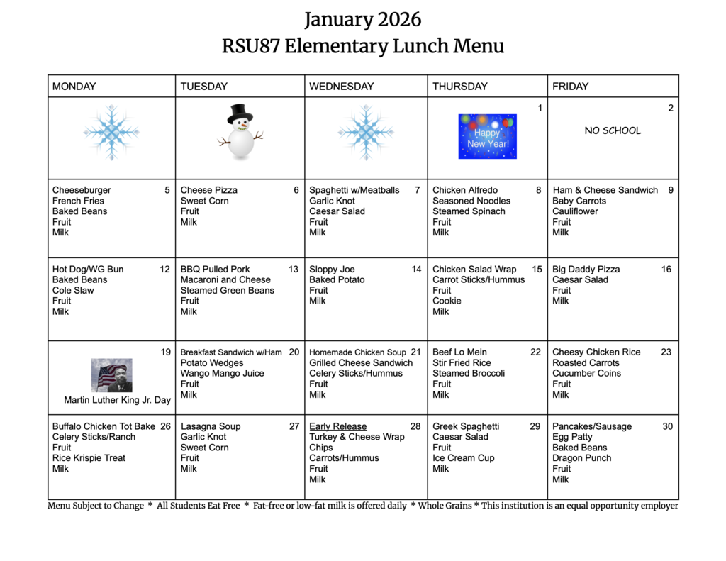 January 2026 Lunch Menu