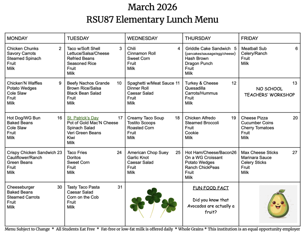March lunch menu