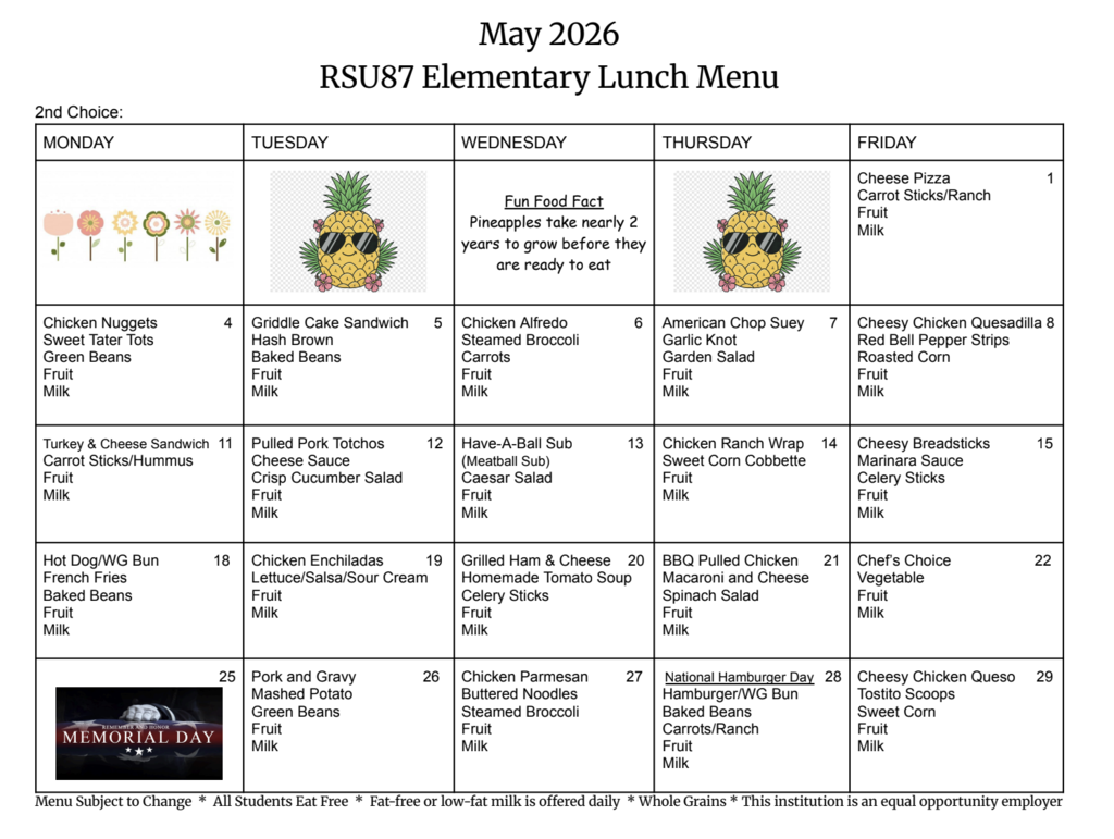 May lunch menu