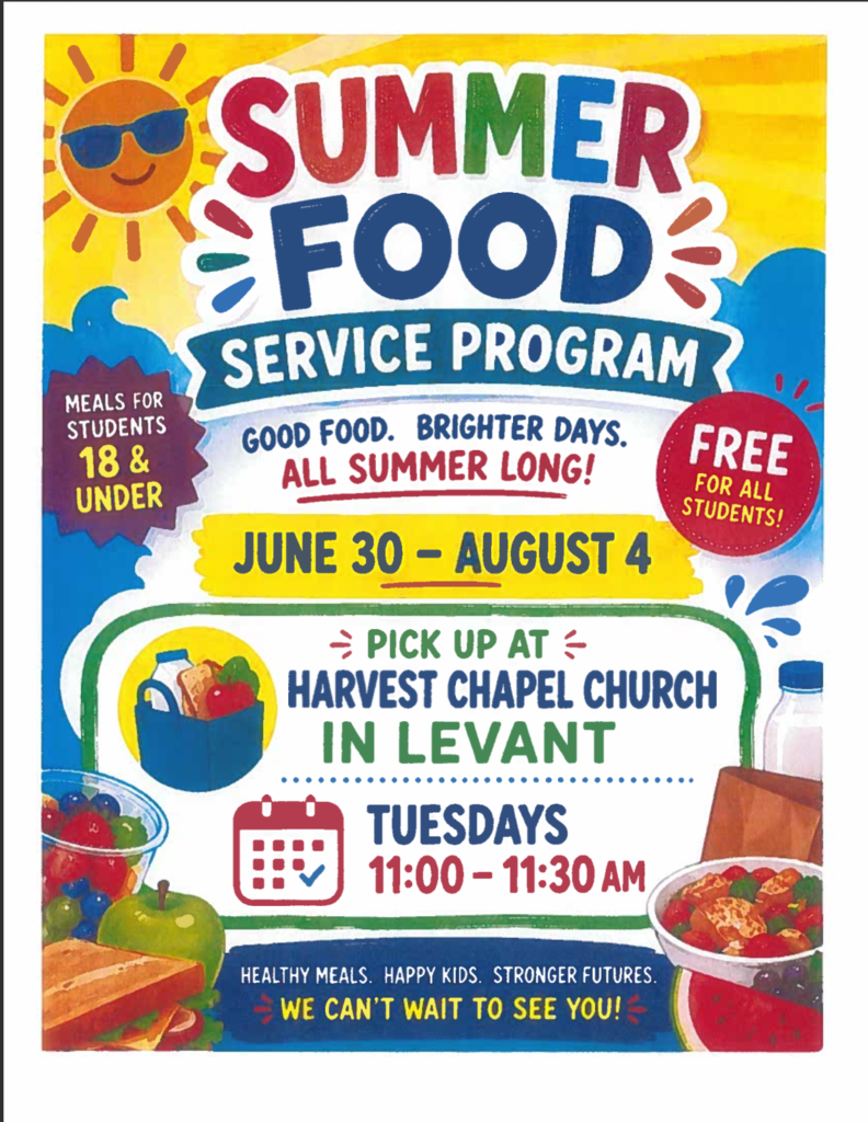 Free summer food for all students - June 30 - August 4 - Tuesdays 11:00-11:30 AM - Harvest Chapel Church in Levant