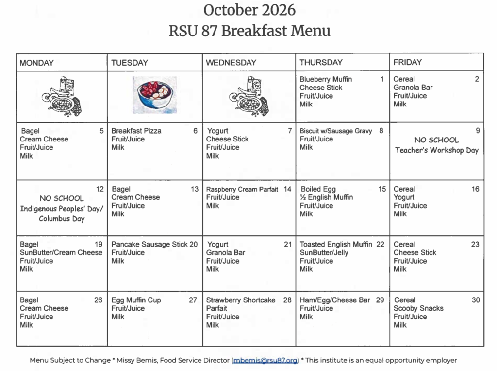 October 2026 Breakfast Menu