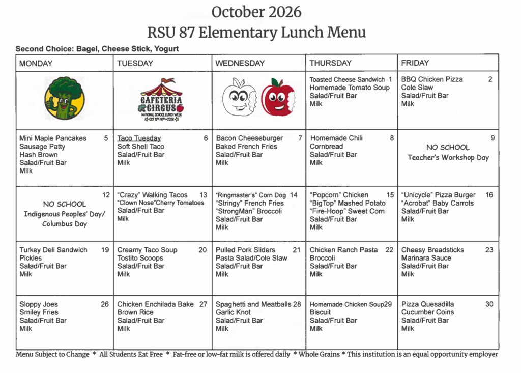 October 2026 Lunch Menu